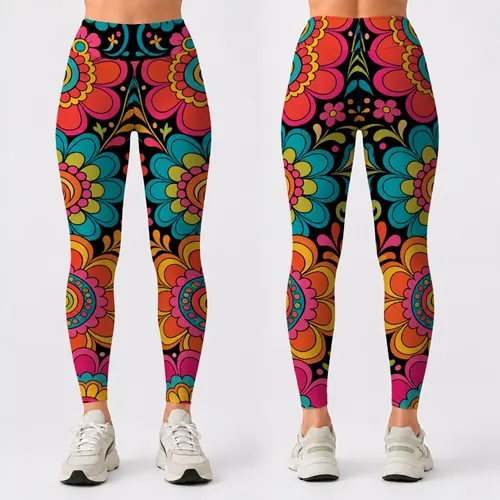 Retro Boho Psychedelic Floral On Black For Festival Yoga Beach Lounge Wear Women Leggings