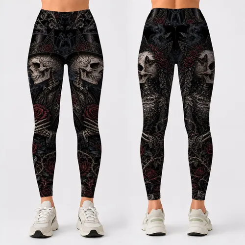 Gothic Skull Bride Groom With Crimson Roses For Romantic Halloween Nights And Dark Style Leggings