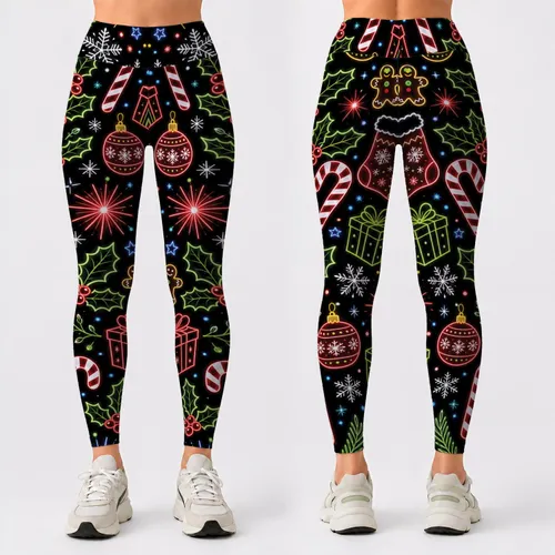 Neon Christmas Candy Canes Holly Snowflakes Ornaments Festive Party Style For Women Leggings