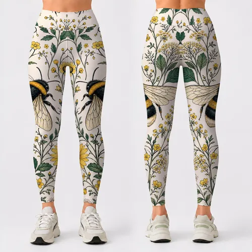 Botanical Bumblebee Wildflowers With Ivory Garden Vibes For Sunny Cottagecore Women Leggings