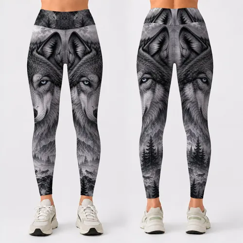 Majestic Gray Wolf In Misty Pine Forest For Wilderness Hiking Style And Gothic Outfits Leggings