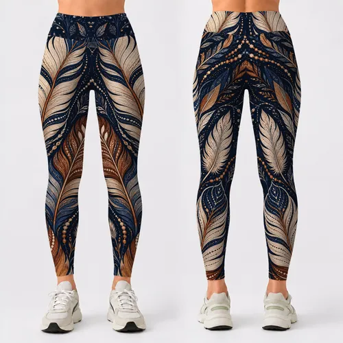 Midnight Navy Boho Feather Botanical Motifs For Yoga Studio Festival Style Outfits Leggings