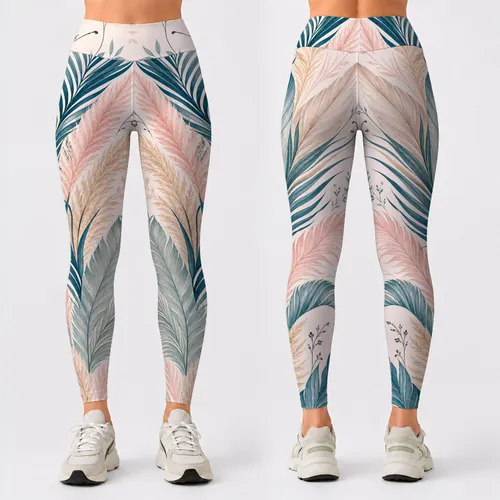 Teal Palm Fronds And Pampas Plumes On Soft Ivory For Coastal Boho Yoga Resort Style Leggings