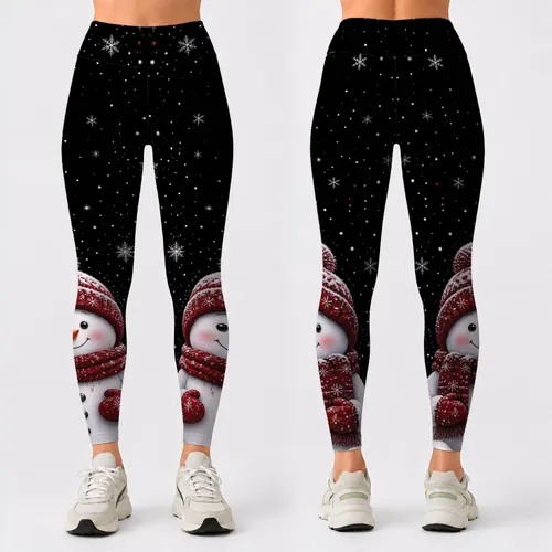 Cute Snowman On Black Winter Night Christmas Holiday Outfit For Women And Teens Girls Leggings
