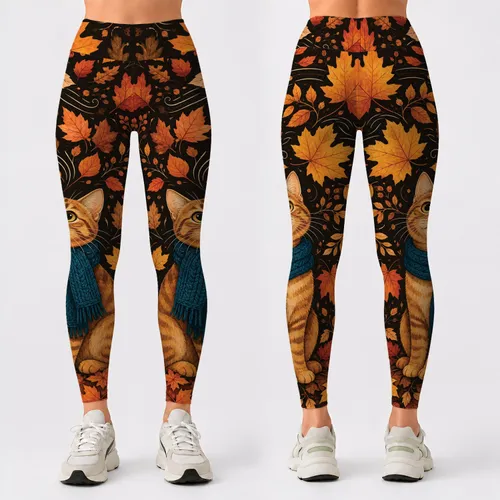 Tawny Tabby Cat With Teal Scarf And Autumn Leaves For Cozy Fall Vacation Outfits Leggings
