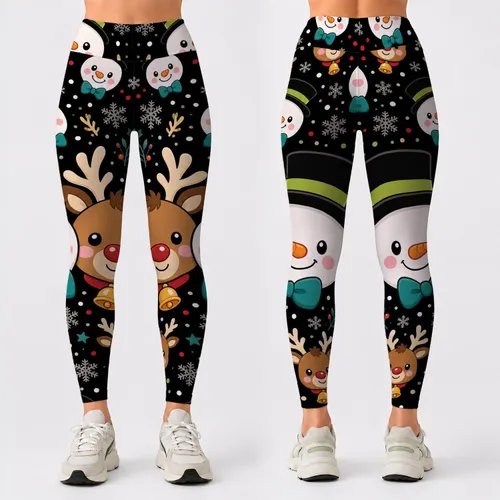 Christmas Snowman Reindeer Kawaii Black Night Holiday Yoga Gym Women's Activewear Leggings