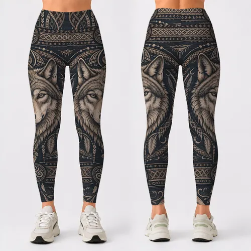 Nordic Wolf Rune Knotwork Boho Viking Ethnic Festival Yoga Travel Style For Women Leggings