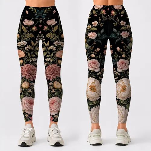 Black Peony Rose Botanical Cascade For Resort Evenings And Coastal Casual Style Mood Leggings