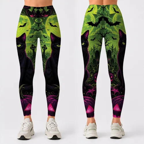 Black Cat Neon Halloween Garden With Pumpkins Bats Gothic Cute Witchy Style Lovers Leggings