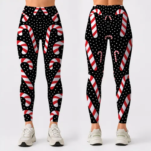 Black Polka Dot Candy Canes For Christmas Party Boutique Holiday Style Women Outfit Leggings