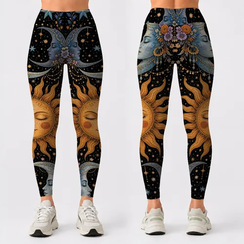 Vintage Celestial Sun Moon Stars Boho Astrology Mystic Festival Yoga Gift For Women Leggings