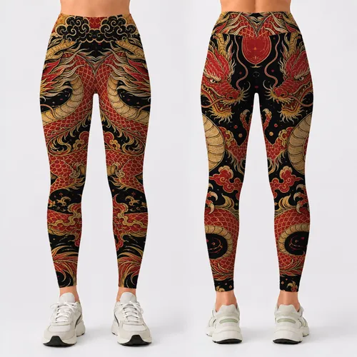 Vermilion Imperial Dragon Celestial Black Gold Luxury Streetwear Yoga Outfit Women Leggings