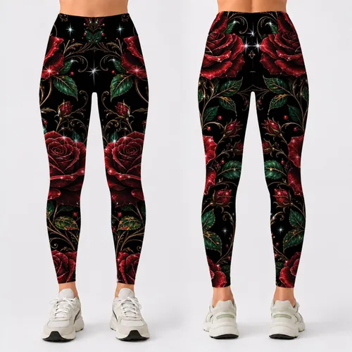 Crimson Rose Vine With Gold Stems And Sparkle Glints For Glam Evening Style Outfits Leggings
