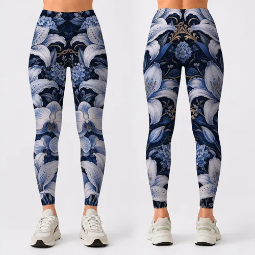 Midnight Navy Blue Lily Orchid Florals With Gold Filigree For Luxe Yoga Studio Style Leggings