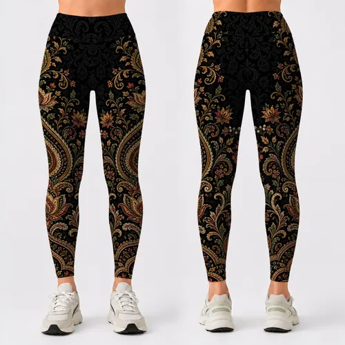 Ornate Bohemian Paisley Lotus Mandala In Black Gold For Yoga Gym Festival Women Style Leggings