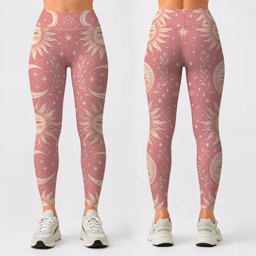 Dusty Rose Celestial Sun Moon Boho Motifs For Mystic Beach Yoga Festival Style Women Leggings
