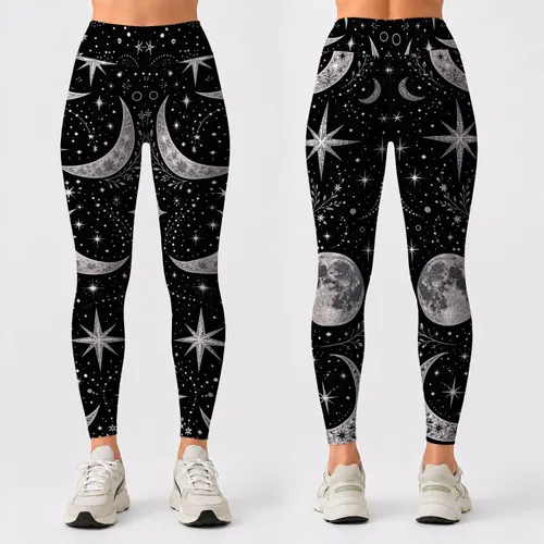 Celestial Moon And Starry Night Sky Motif For Yoga, Gym, And Winter Lounge Style Leggings