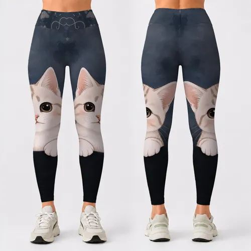 Cute Cream Tabby Kitten Peeking Over Midnight Field For Cozy Casual Cat Lovers Gift Leggings