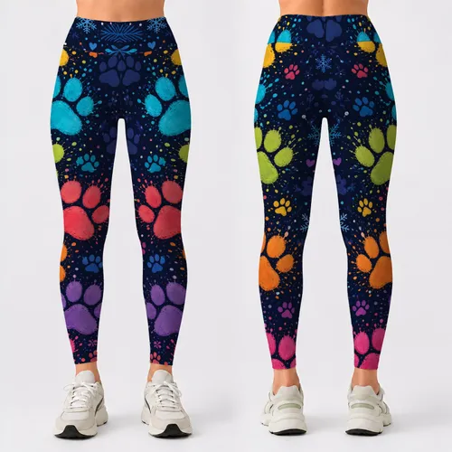 Colorful Paw Trail On Midnight Navy For Winter Yoga Workouts And Dog Mom Athletic Style Leggings