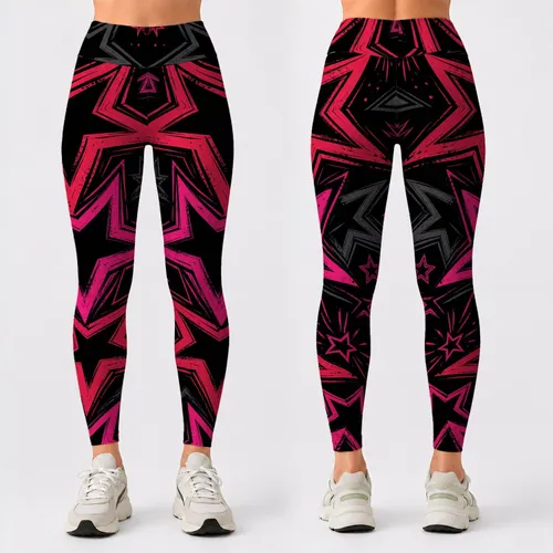 Rose Red Star Motifs On Black For Everyday Casual Streetwear And Plus Size Confidence Leggings