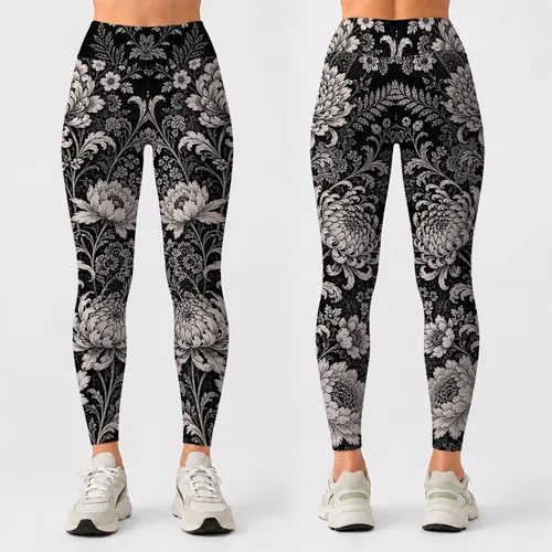 Monochrome Botanical Lace Floral Vine Gothic Athleisure Yoga Studio Outfit For Women Leggings