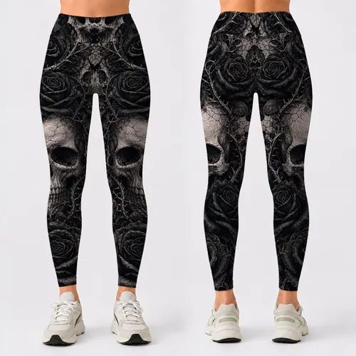 Gothic Skull And Black Rose Monochrome Collage For Alt Festival Streetwear Women Leggings