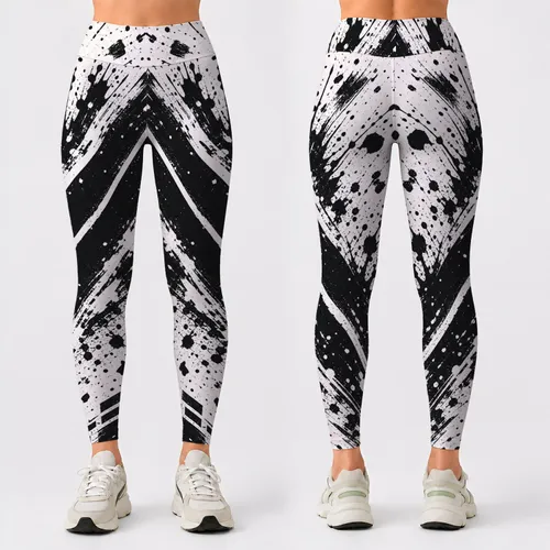 Black And White Graffiti Ink Splatters With Racing Stripes For Gym Streetwear Women Leggings