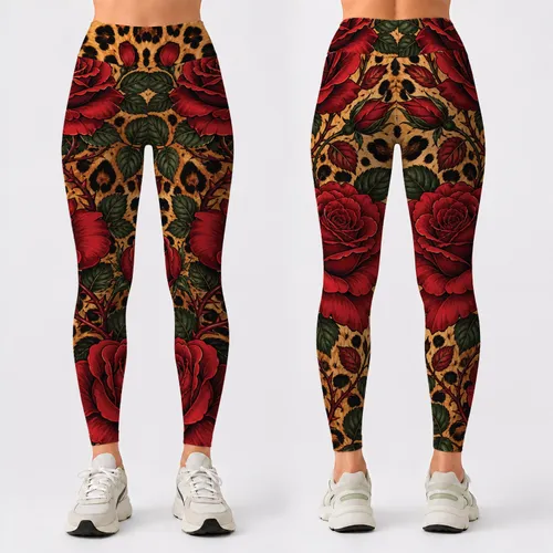 Red Rose Leopard Glam Wildcat Floral Athleisure Style For Yoga Gym Summer Women Workout Leggings