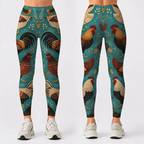 Vintage Farm Chickens On Aqua Teal Folk Art Cottagecore Farmhouse Style For Women Leggings