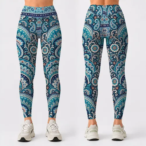 Turquoise Boho Coastal Paisley Mandala Ornament For Resort Yoga And Beach Days Women Leggings