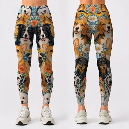 Vintage Watercolor Dog Portrait Collage With Summer Garden Florals For Dog Moms Gift Leggings