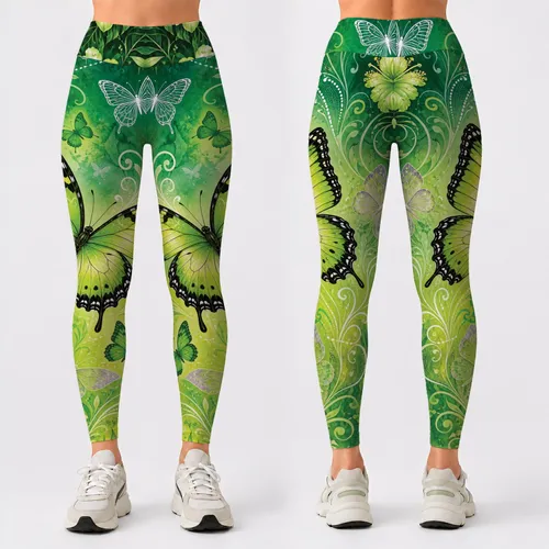 Emerald Lime Butterfly Cascade For Tropical Vacation Resort Style And Yoga Lovers Leggings