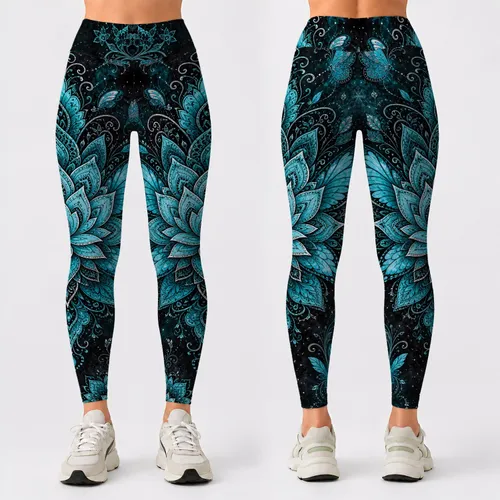 Turquoise Butterfly Lace Mandala With Cosmic Teal Nebula For Boho Festival Style Leggings