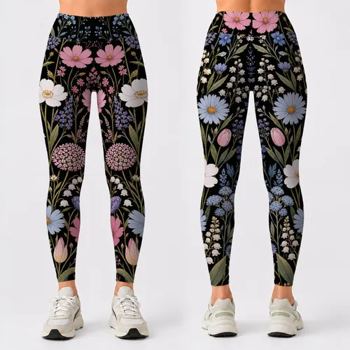 Botanical Wildflower Meadow On Black For Yoga Studio And Everyday Feminine Style Leggings