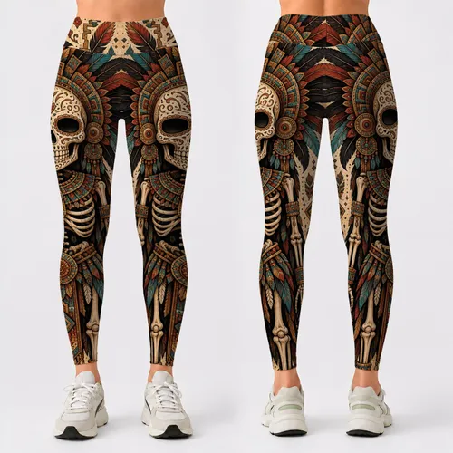 Ceremonial Sugar Skull Skeleton With Feather Headdress For Desert Gothic Outfits Leggings