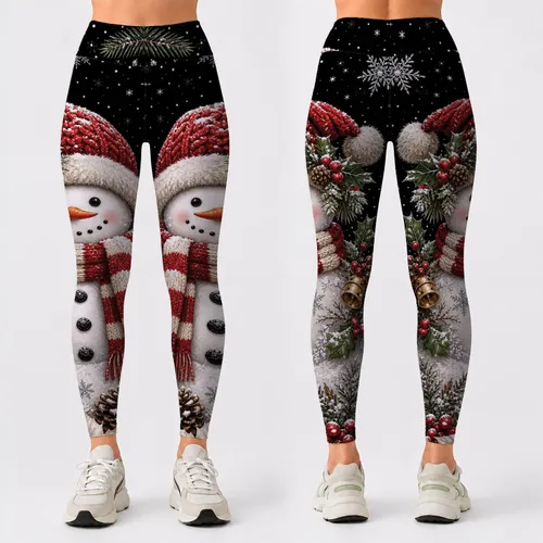 Vintage Snowman Christmas Winter Scene With Holly And Crimson Hat For Holiday Style Leggings