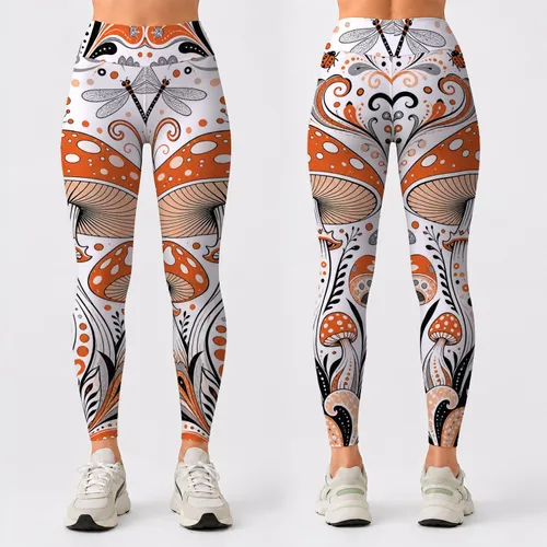 Retro Botanical Mushroom Garden Doodles For Casual Streetwear And Festival Outfits Leggings