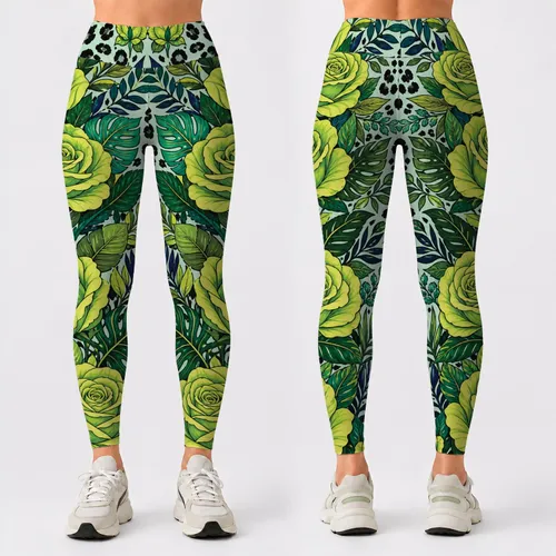 Green Rose Leopard Jungle Botanicals For Yoga Gym Running Tropical Athleisure Women Leggings