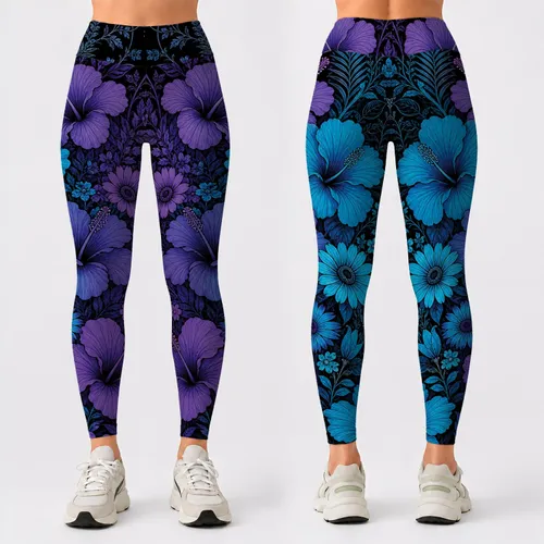 Nocturnal Floral Bouquet In Cyan Violet For Gothic Workout Lounge Style Women Fans Leggings