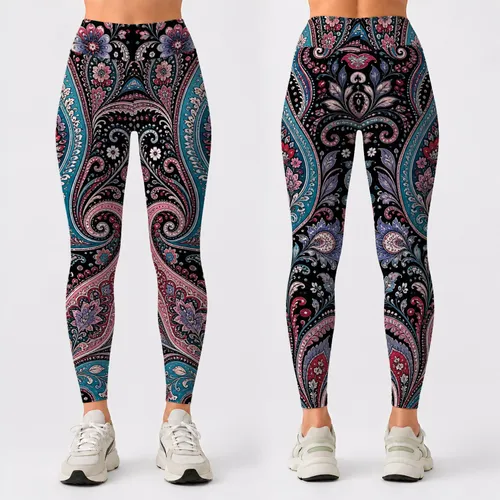 Black Paisley Floral Bohemian Motif For Winter Yoga Lounge And Casual Streetwear Leggings
