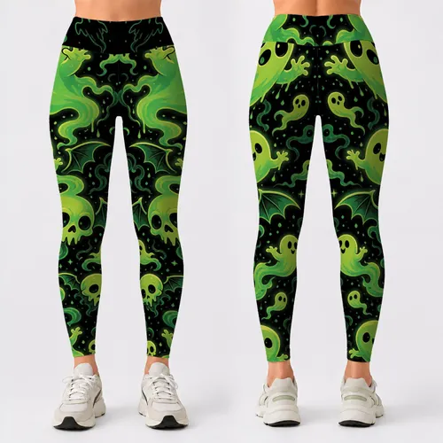 Spooky Cute Neon Green Ghosts And Skulls Halloween Glow For Yoga Running Gym Wear Women Leggings