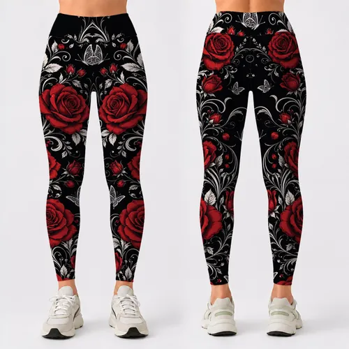 Crimson Rose Black Floral Filigree With Butterflies For Romantic Evening Summer Style Leggings