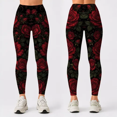 Crimson Red Roses On Black Gothic Floral Yoga Festival Outfit For Spring Fall Women Leggings
