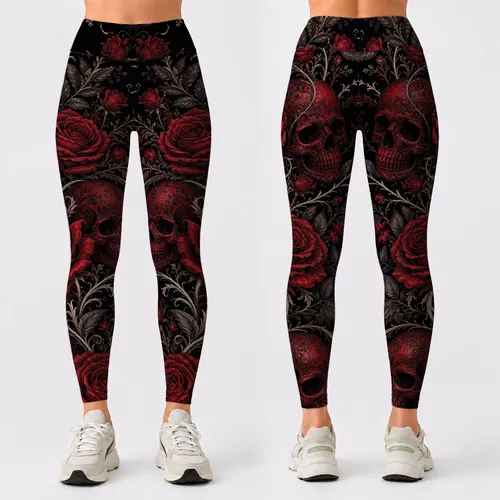 Crimson Rose Skull Gothic Floral Dark Romance Festival Outfit For Alternative Women Leggings