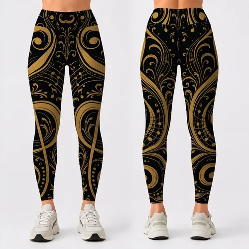 Metallic Gold Music Notes On Black For Concert Nights And Elegant Studio Style Looks Leggings