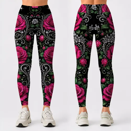 Magenta Rose Vine With Silver Filigree Glam Gothic Floral Style For Elegant Nights Leggings