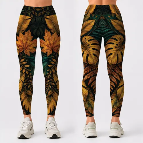 Moody Tropical Leaves In Gold Teal Copper For Rainforest Night Yoga And Festival Wear Leggings