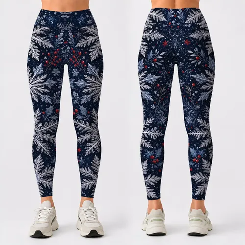Midnight Navy Snowflake Flurry With Red Berry Accents For Holiday Yoga And Gym Wear Leggings