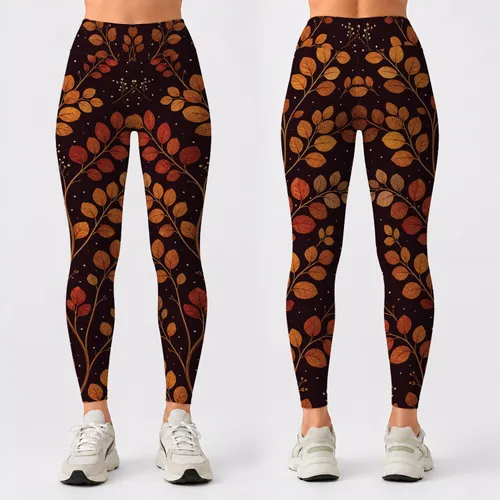 Autumn Botanical Branches On Deep Burgundy For Upscale Elegant Fall Casual Outfits Leggings