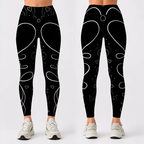Black White Outline Heart Calligraphy Flourish For Minimal Faith Love Everyday Style Leggings